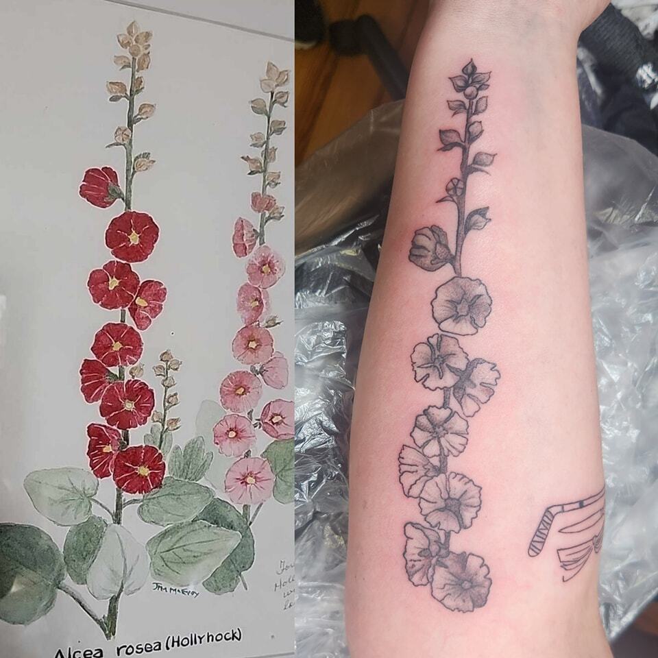 hollyhock tattoo | added some color to rachel s # hollyhock # tattoo today  next session ... | Tattoos, Memorial tattoo designs, Rose tattoos